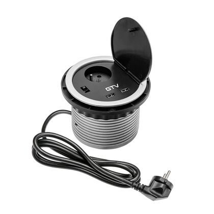 Встроенная круглая розетка с крышкой (1 разъем 220V, 2 ЮСБ (USB)-разъема 5V и 1A), Основной цвет: Чёрныйpost-test