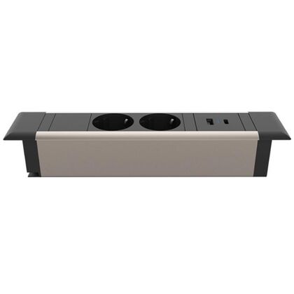 Врезной блок 2х220 В + ЮСБ А (USB A)/C 30Вт, ГСТ М (GST M), 2 розетки, Основной цвет: Черный/Алюминий post-test