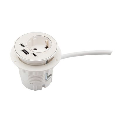 Врезной круглый блок 1х220В+ЮСБ А (USB A)/C 25Вт+ЮСБ С Дата (USB C Data), кабель с вилкой, 2 м, белый, установочный диаметр - 60 мм, Основной цвет: Белыйpost-test