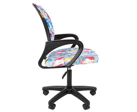 Кресло для детей Ситнайс Кидс 203 ЛТ (SITNICE Kids 203 LT) черный пластик 560x470x870 рисунок "единороги", Цвет пластика: Черный, Основной цвет: рисунок "единороги", Ширина: 560, Ролики: Стандарт БИФМА 5 (BIFMA 5),1 (США), диаметр штока 11 мм, покрытие – полиуретан, Высота: 870, Глубина: 470, Материал: Ткань велюр детская с рисунком, Максимальная высота: 965, Каркас: немонолитный, Вес: 9,8, Материал крестовины: Пластик, Механизм: Пиастра-регулировка кресла по высоте, Подлокотники: Пластик, Рекомендованная максимальная нагрузка: 100 кг, Объем: 0,136, изображение 4post-test