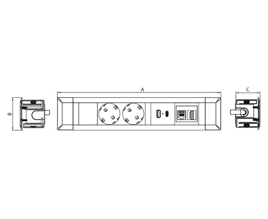 Врезной блок 2х220 В + ЮСБ А (USB A)/C 30Вт + 2хRJ45, ГСТ М (GST M)? 2 розетки 135604 БК (135604 BK) Черный/Алюминий, Основной цвет: Черный/Алюминий , изображение 2post-test